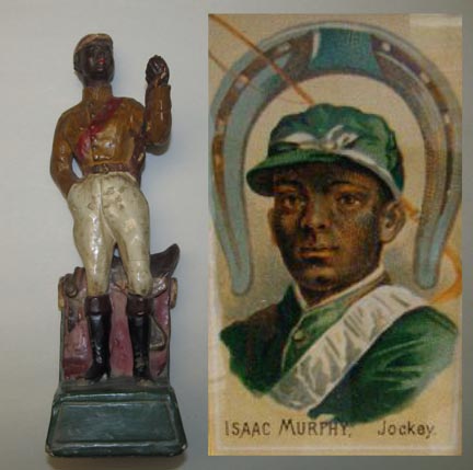 closeup of 1890s chalkware figure jockey figure isaac murphy statue