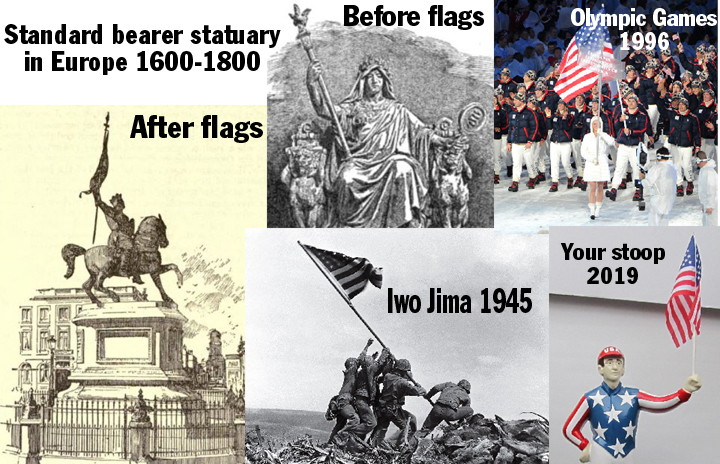 standard bearer statues holding standards and flags